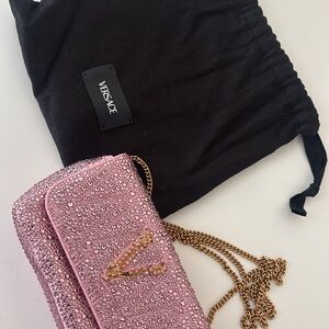 Versace Pink Crystal Clutch with Gold Chain